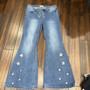 Y2K PTCL Ethical Brand Womens Super Flare Leg Jeans Size 15 Blue Low Rise